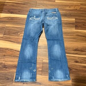 ‘Ain’t my day to care!’Cowgirl Tuff Flare Jeans with White Stitching size 29x31